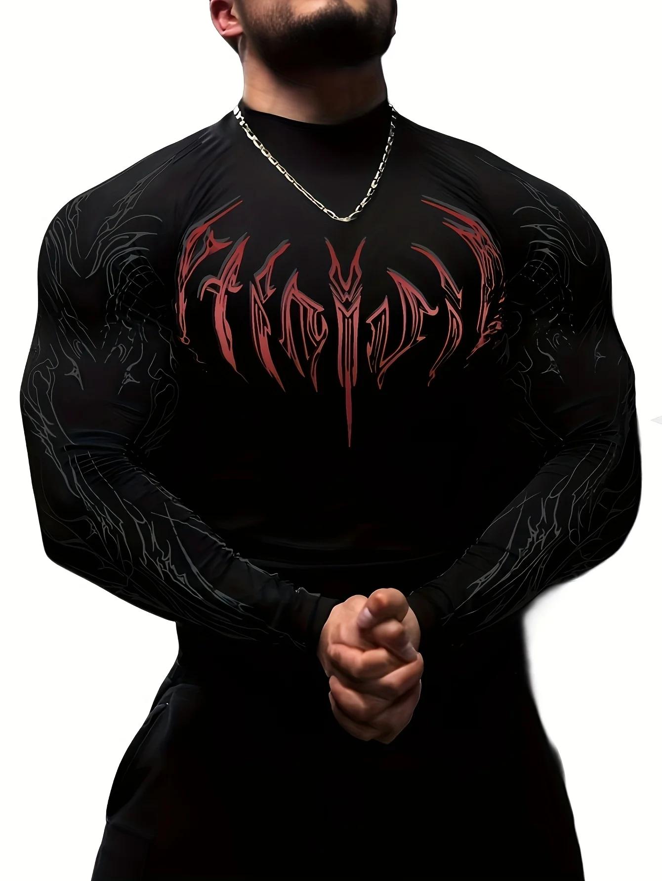 T-shirt de fitness à manches longues pour homme, coupe ajustée, imprimé géométrique, col montant, id