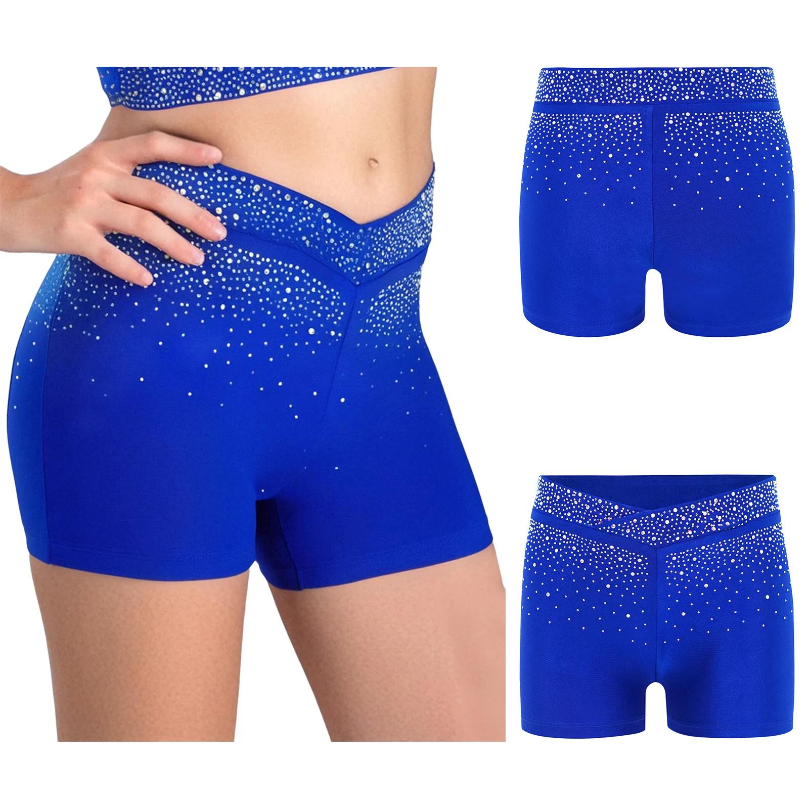 Short à ceinture élastique pour filles, strass scintillants, devant en V, pour patinage artistique, 