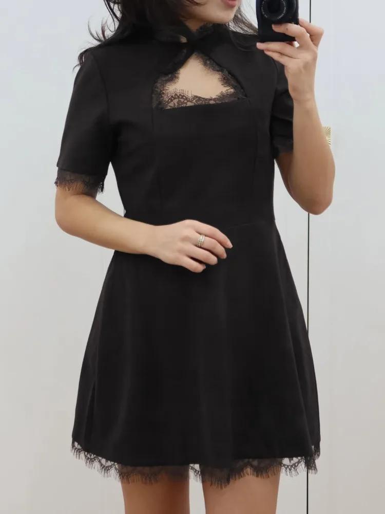 Tossy noir dentelle évider Mini robe femme Patchwork à manches courtes Sexy taille haute robe de soi