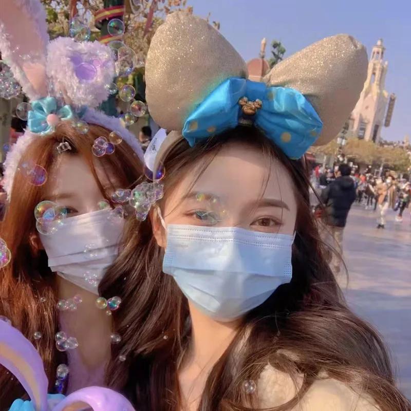 Bandeau oreilles de Mickey Disney Original, Shanghai Disneyland Minnie, bandeau en cuir, nœud à pail