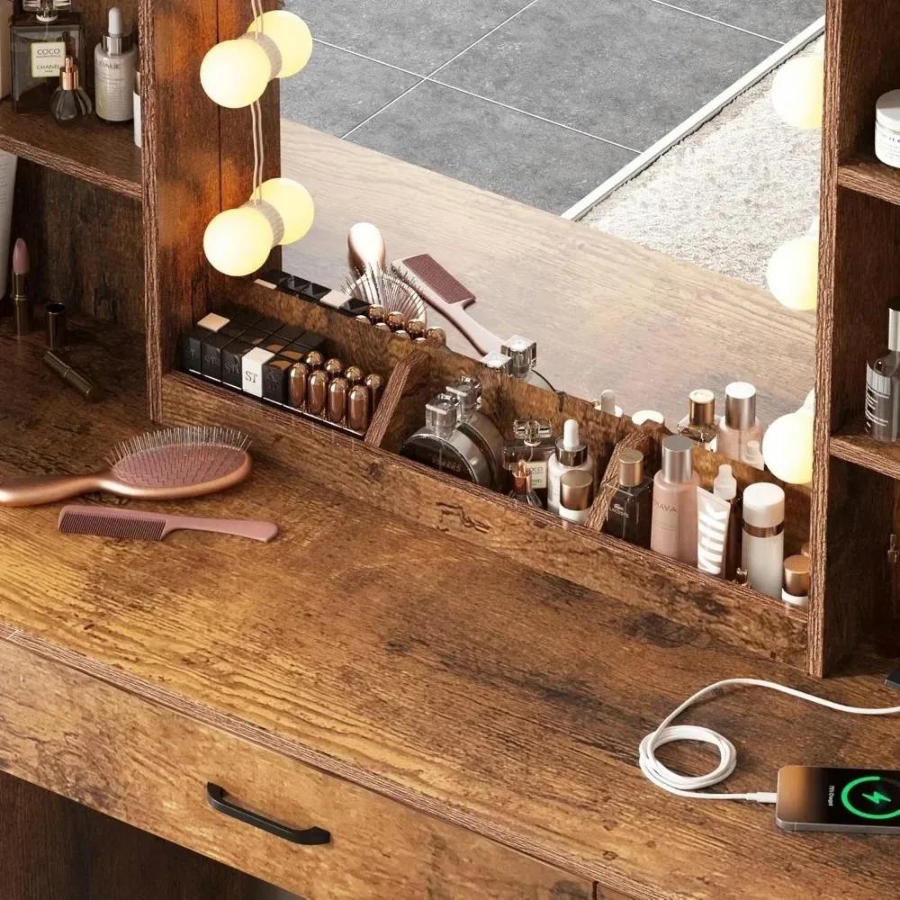 Grande table de maquillage avec miroir éclairé et multiprise – 3 modes d'éclairage réglables, beauco