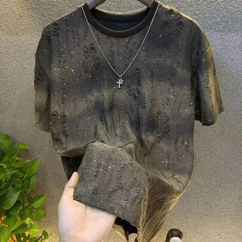 Été larme hommes vêtements été strass Rivet T-shirt col rond T-shirt style décontracté Version corée