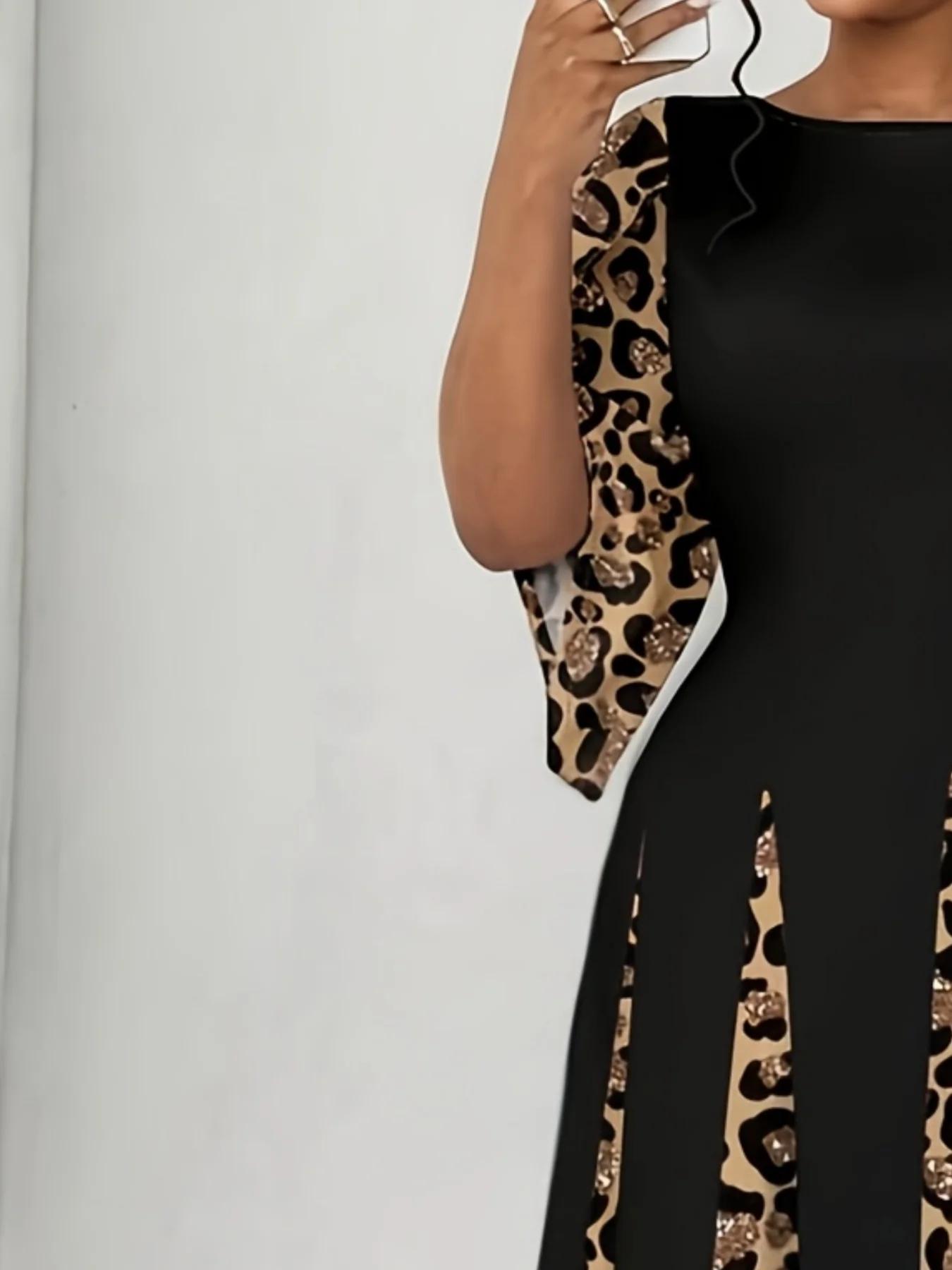 Robe maxi élégante à imprimé léopard, robe longue à manches longues tendance grande taille, vêtement