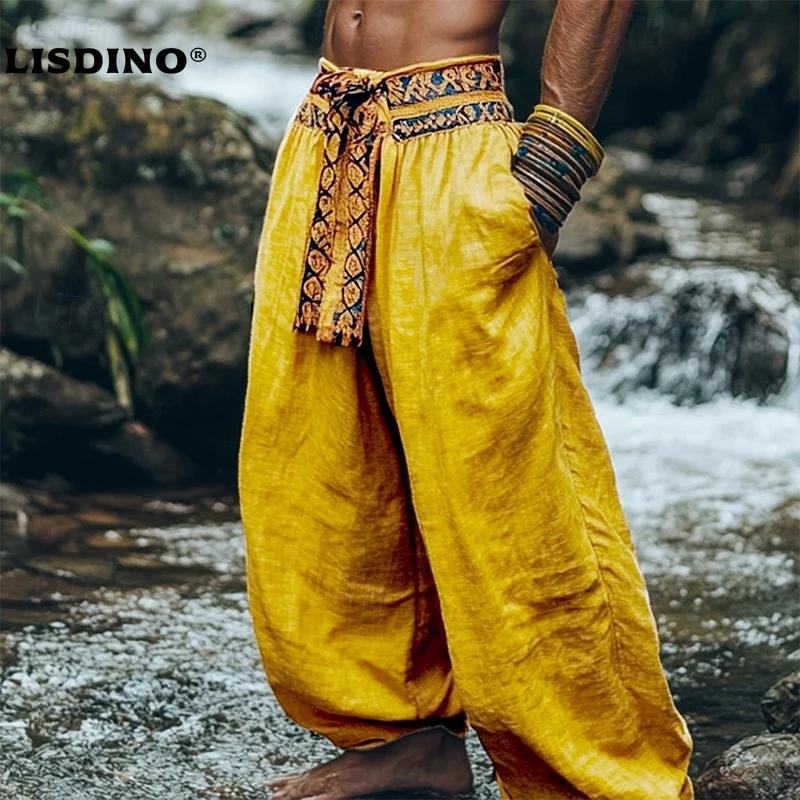 Pantalon en coton et lin pour homme, pantalon d'été, pantalon ample, poche, couleur contrastée, conf