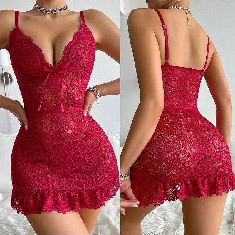 Mini robe sans manches pour femmes, dos nu, pyjama Porno, dentelle florale, vêtements de nuit érotiq