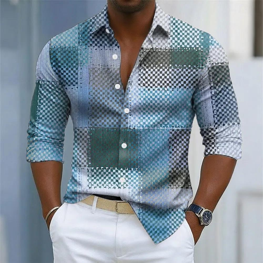 Chemise à carreaux pour hommes, bloc de couleur géométrique, motifs à carreaux, chemise boutonnée, m