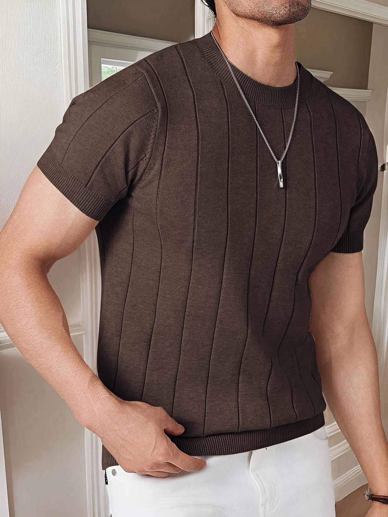 T-shirt tricoté slim pour homme, col rond, couleur unie, manches courtes, décontracté, business, ten