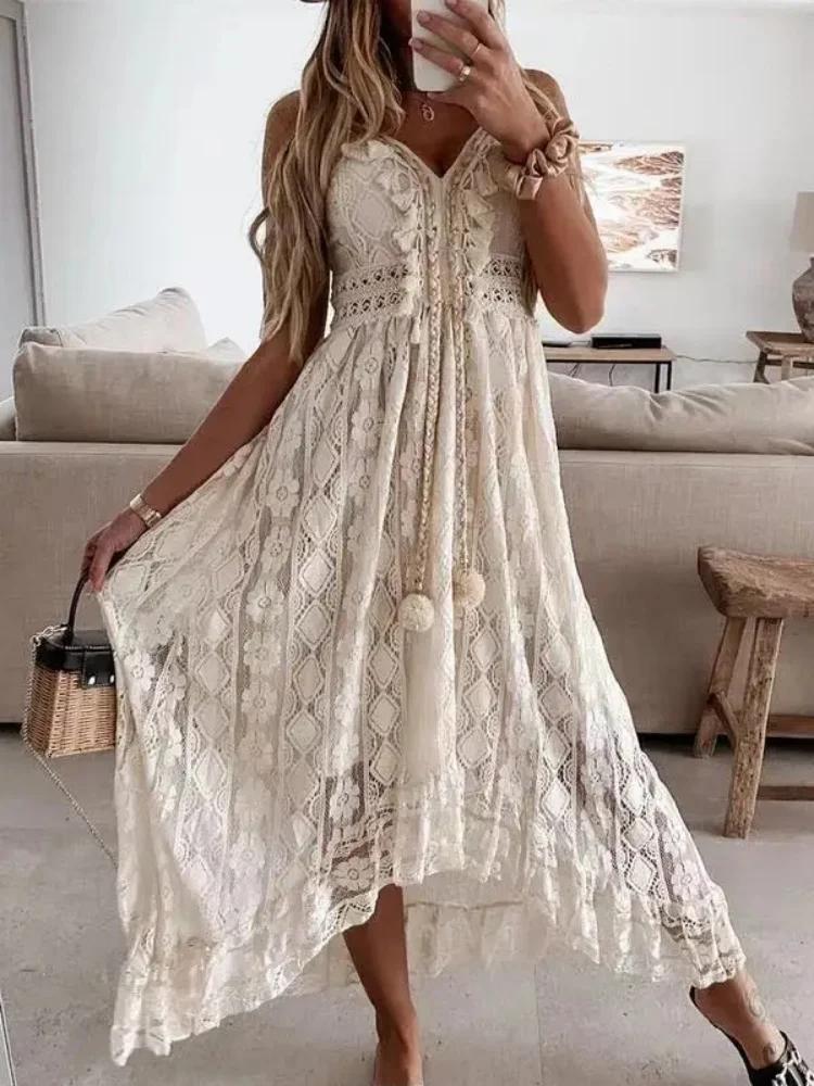 Robe longue en dentelle sans manches pour femmes, mode d'été, Sexy, plage, vacances, col en V, ajour