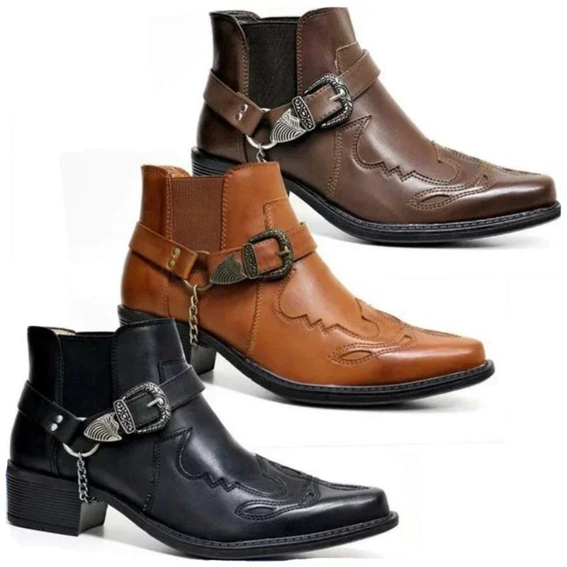Mode 2025 hommes Vintage Cowboy bottes en cuir haut chaîne boucle sangle Punk chaussures bout pointu