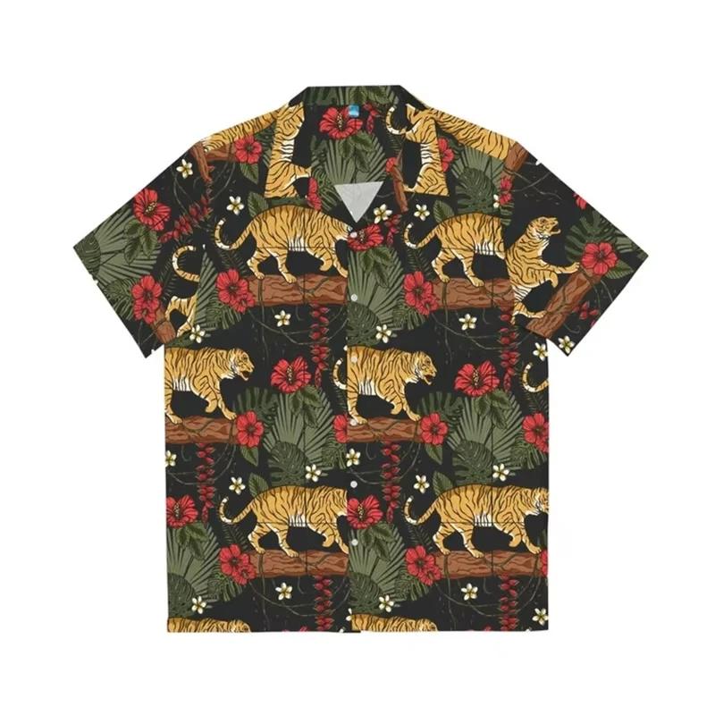 ​ ​ Chemise hawaïenne tigre 3D pour hommes, imprimé Animal, manches courtes, Y2K, fête sur la plage,