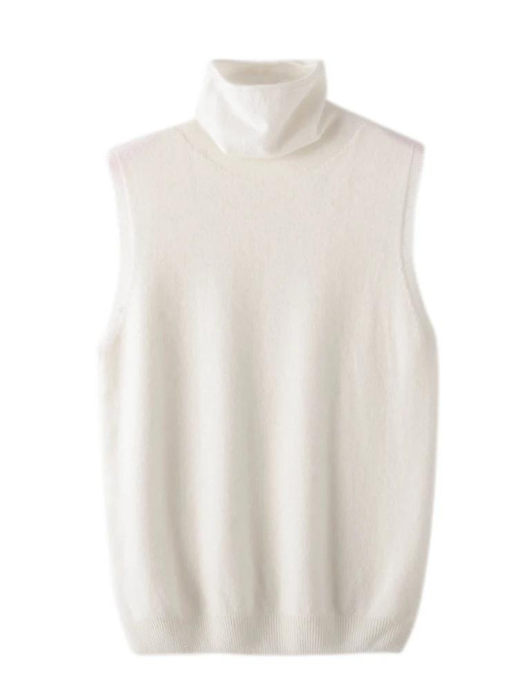Femmes 100% laine mérinos pulls sans manches col roulé pull gilet laine tricots printemps automne hi
