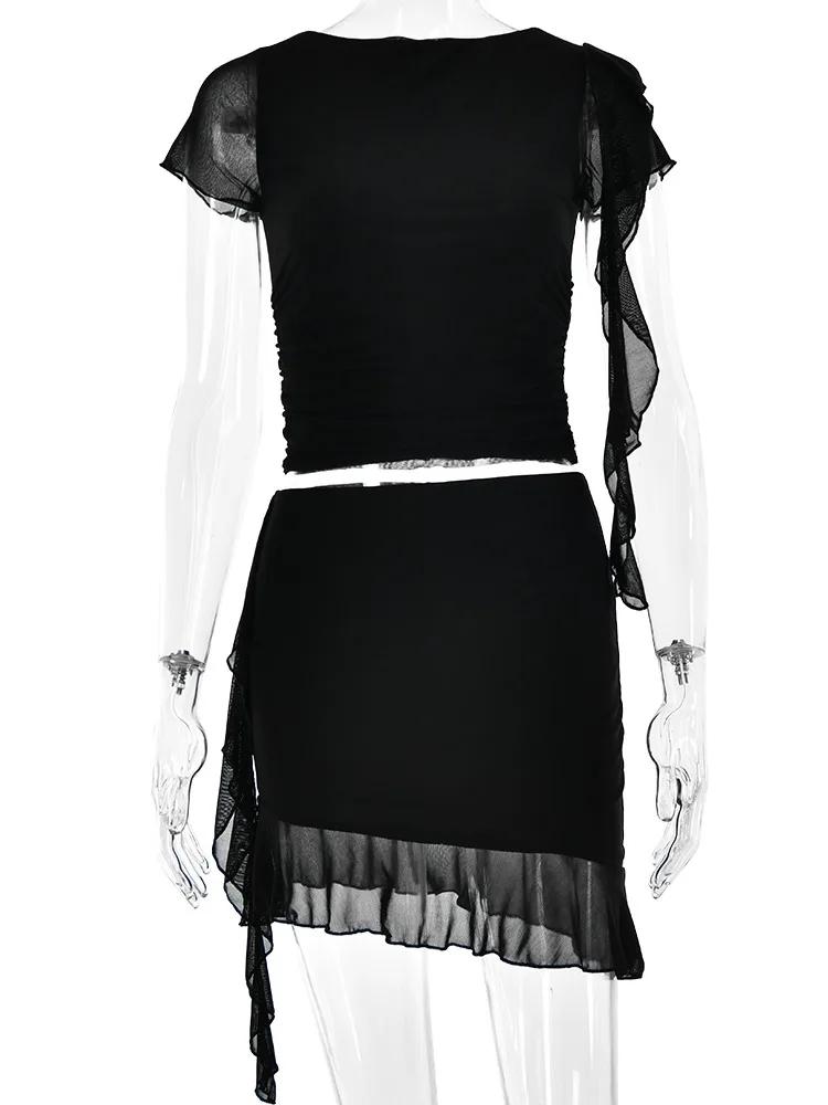 Articat-Ensemble deux pièces sexy pour femme, maille double couche, à volants, transparent, serré, m