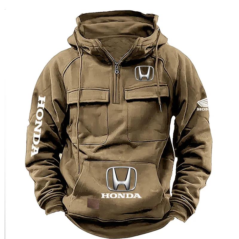 Sweat à capuche rétro Honda pour homme, automne et hiver, avec fermeture éclair, multi-poches, style