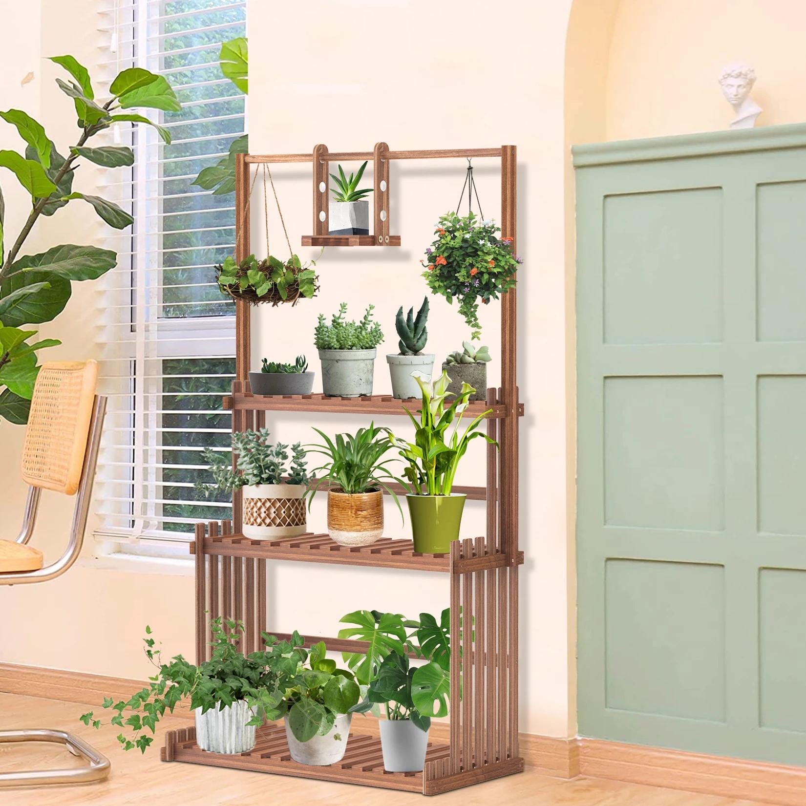 Support de plantes suspendu en bois à 3 niveaux, robuste, pour jardin, support de présentation de fl