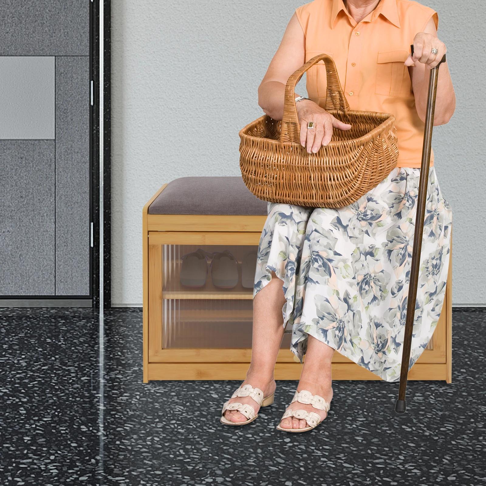 Banc à chaussures rectangulaire à 2 niveaux avec coussin et espace de rangement pour entrées, couloi