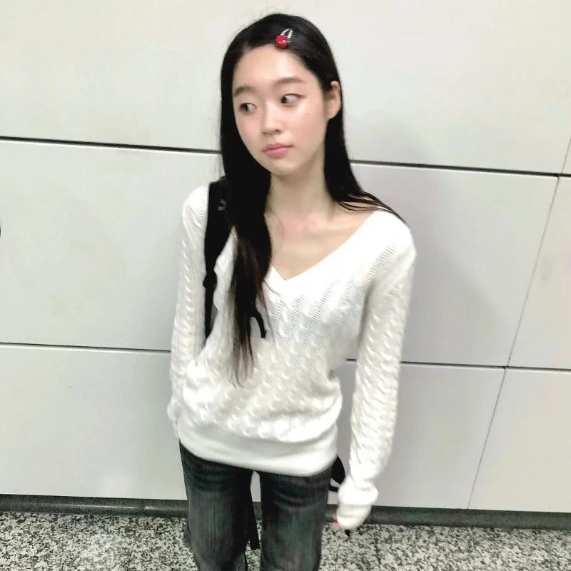 Karrram japonais Y2k col en v blanc pull Vintage Harajuku tricot mince pull Style coréen automne hiv