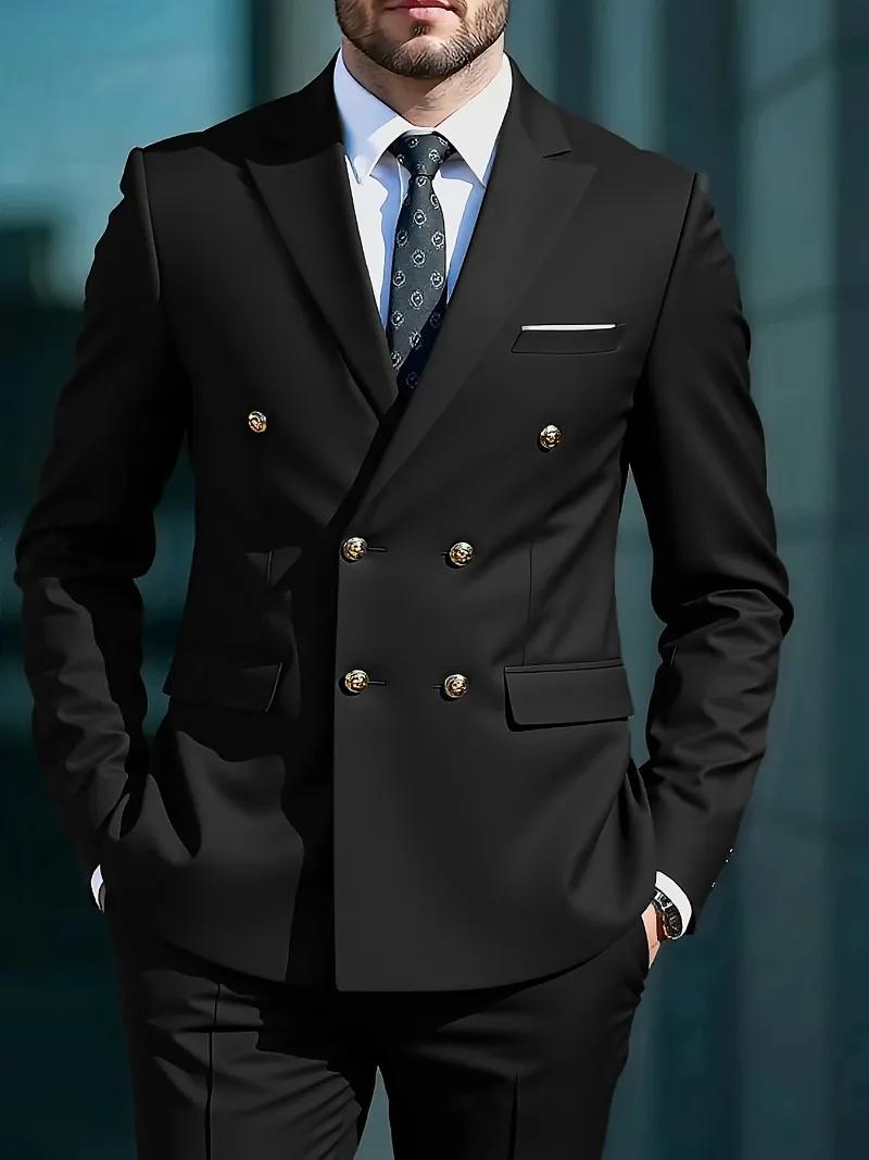 Costume Homme 2 Pièces 2026 Business Sans Repassage Double Boutonnage Boutons Dorés Tendance Rétro C