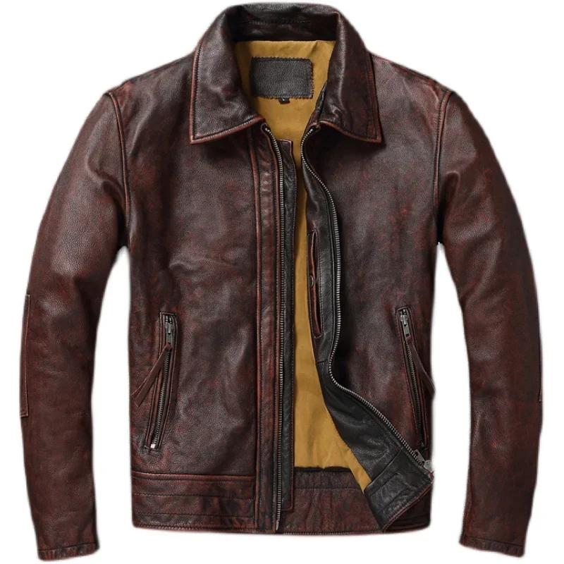 Veste en cuir de vache surdimensionnée, couche supérieure, rouge-marron, Style moto rétro américain,