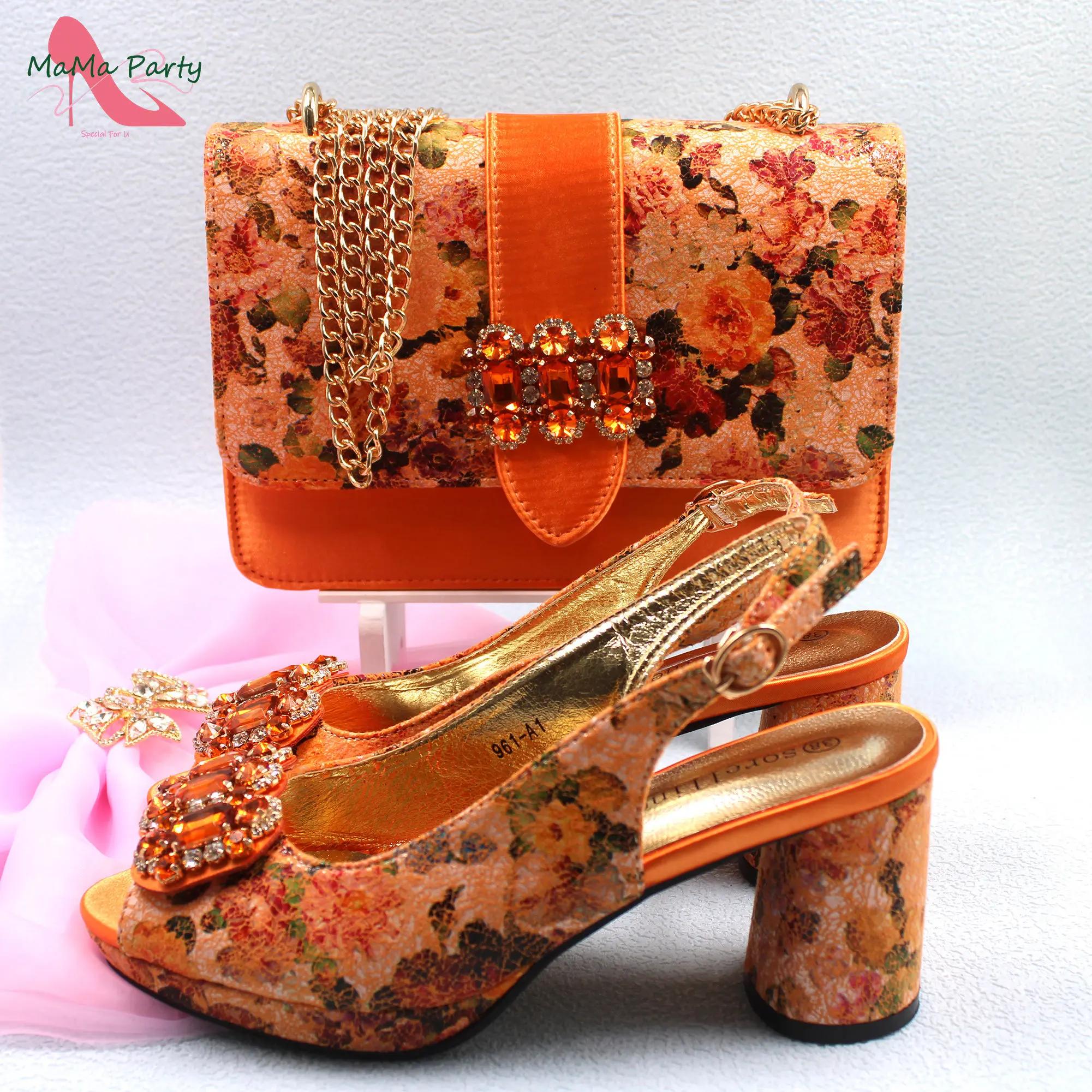 Ensemble de chaussures et de sacs en cuir PU orange pour femmes italiennes, design floral, robe, hau