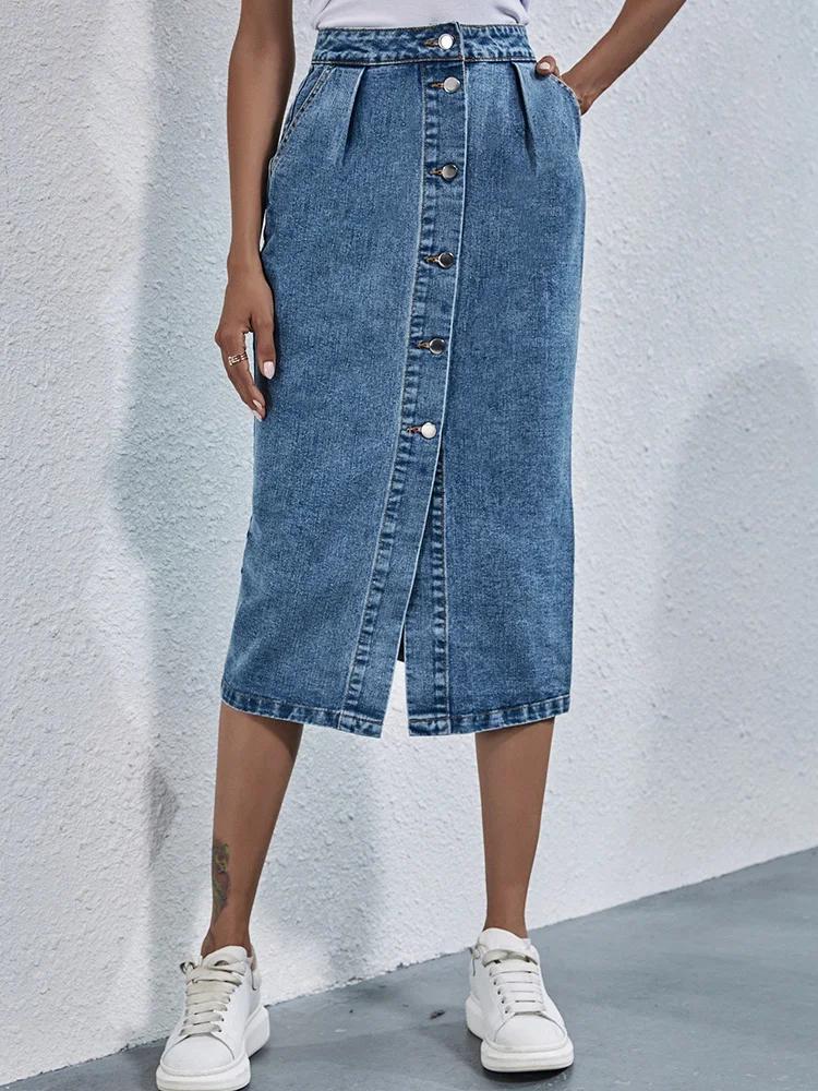 Benuynffy-Jupe en jean droite à boutonnage simple pour femme, longueur au genou, streetwear décontra