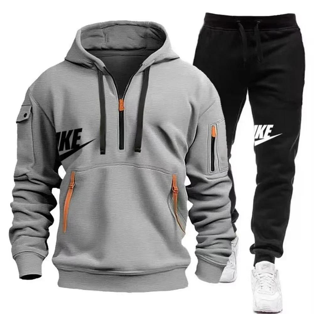 Nouveau costume d'automne et d'hiver pour hommes, sweat à capuche avec fermeture éclair + pantalon, 