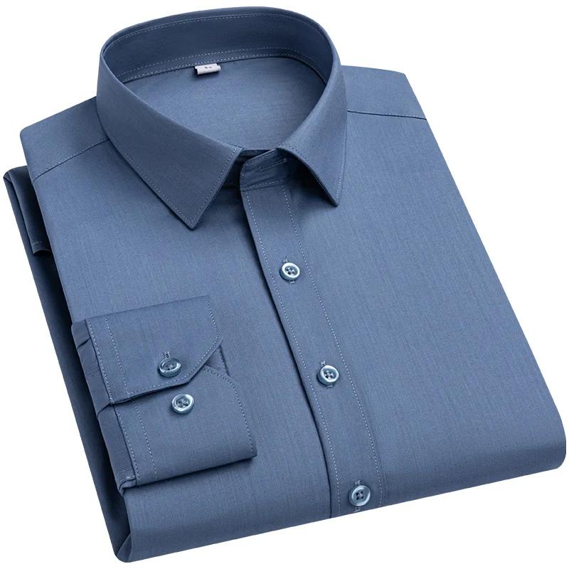 Chemise extensible en Fiber de bambou pour hommes, manches longues, Anti-rides, sans repassage, Slim