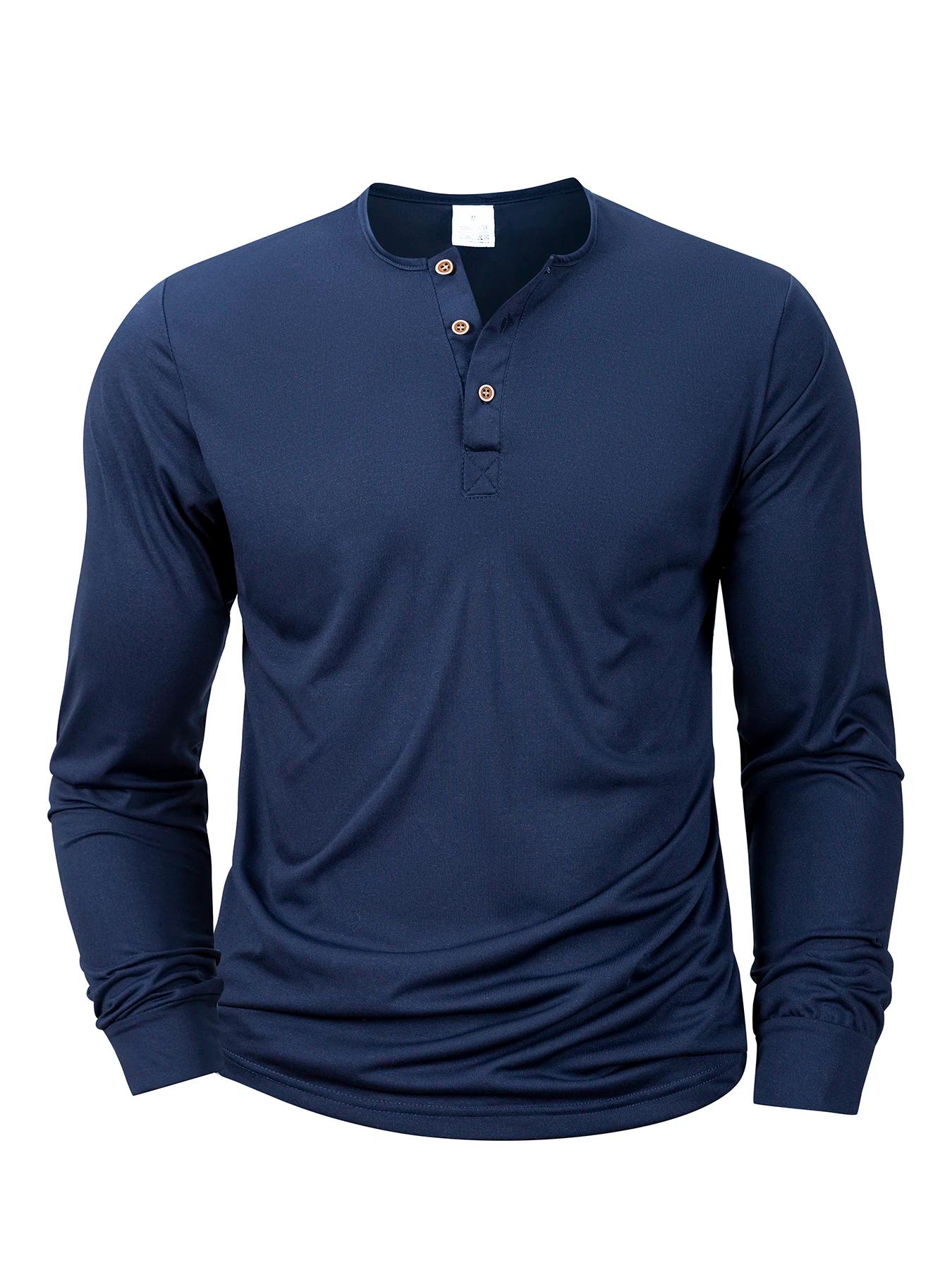 T-shirt à manches longues pour hommes, col Henley, coupe cintrée, chemise à bascule, hauts de Fitnes