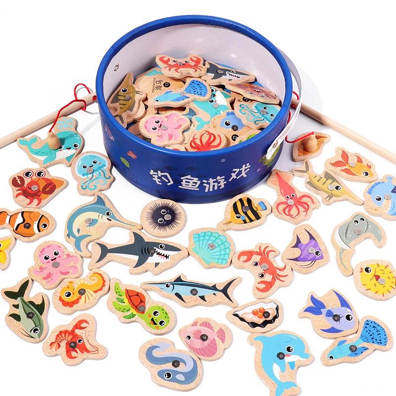 Jouets de pêche magnétiques en bois Montessori, jeux de poissons cognitifs de la vie Marine, jouet é