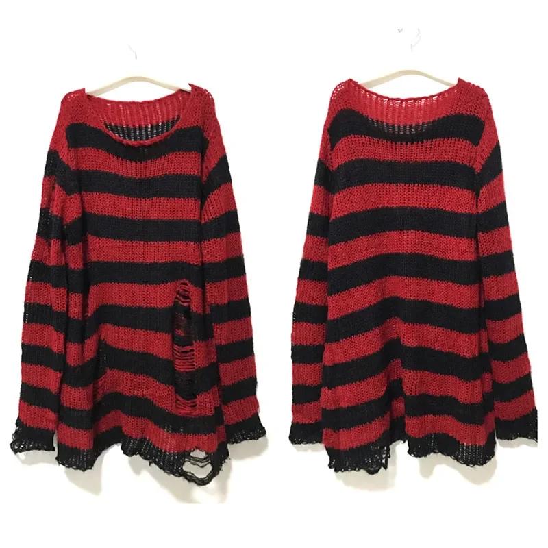 Nouveau Streetwear haut Punk gothique Long unisexe pull été femmes rayé Cool trou creux cassé pull a