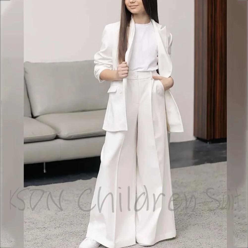 Costume blanc tendance pour fille, col classique à revers, coupe ample, vêtements pour enfants, cost