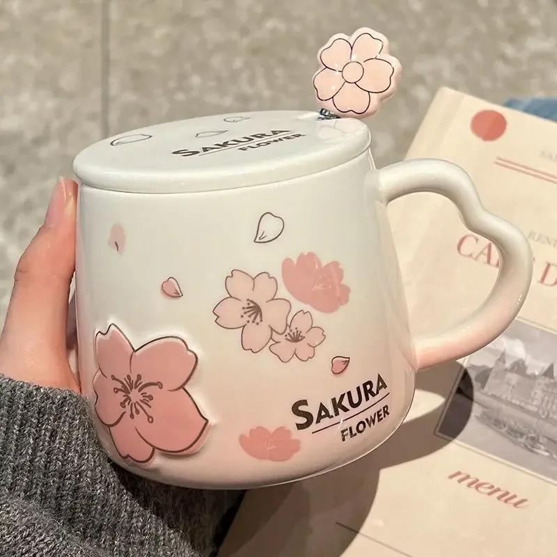 Tasse en céramique avec couvercle et cuillère, belle tasse à café, lait, poudre de Sakura, ménage, a