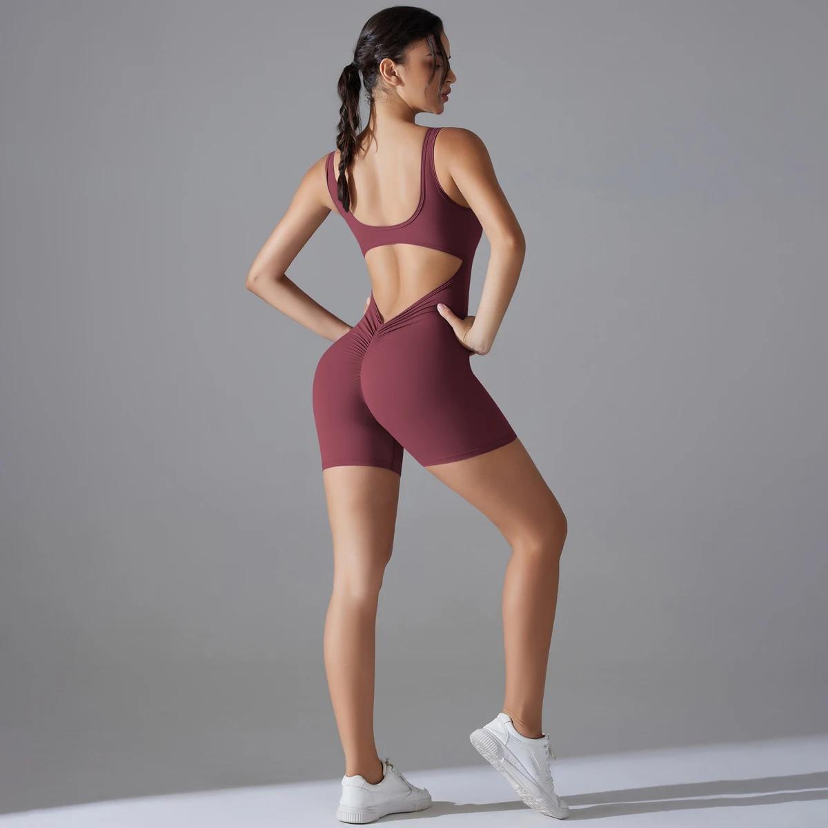 Nouveau V dos Scrunch sport combinaison femmes barboteuses de gymnastique sans manches vêtements de 