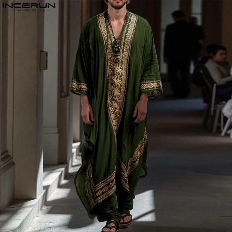 INCERUN hommes Jubba Thobe impression Patchwork col en V à manches longues hommes Robes caftan musul