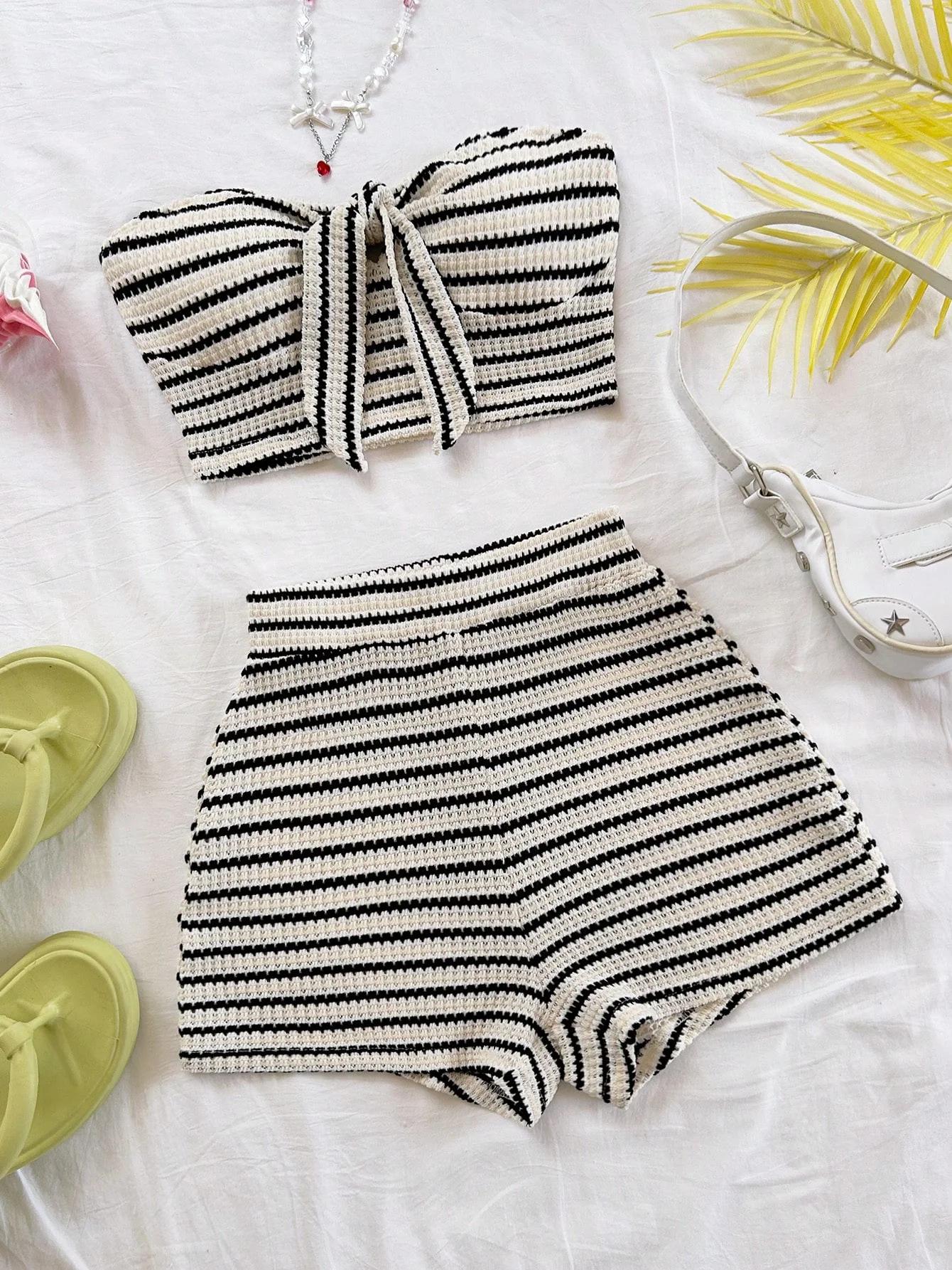 Ensemble élégant 2 pièces à rayures pour femmes, avec haut détaillé papillon et short taille haute, 