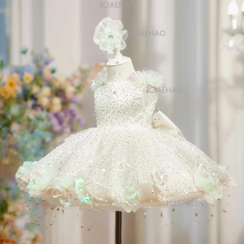 Robe de princesse élégante pour enfants, style perle et fleur, avec sequins, pour filles, idéale pou