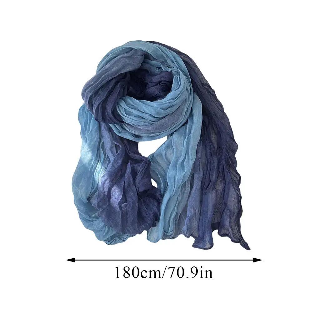 Écharpe en Coton et Chanvre pour Femme, Dégradé Bleu, Rétro Polyvalent, Imprimé, Long, Châle Doux, N