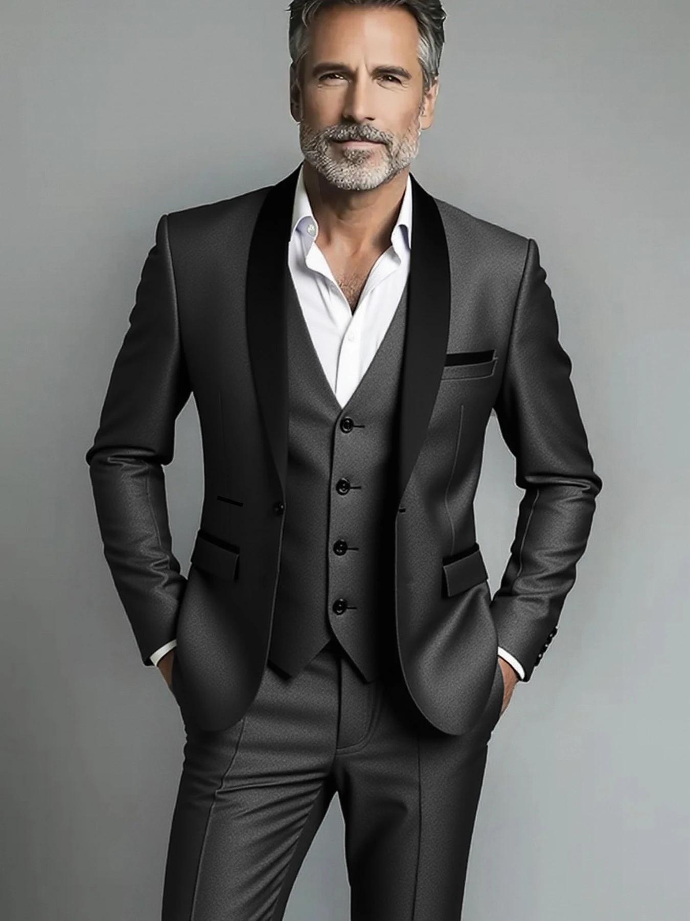 Costume (costume + gilet + pantalon) hommes d'affaires couleur unie mode minceur travail couleur uni