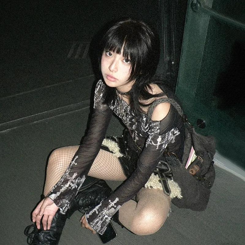 Karrram Grunge esthétique maille hauts japonais Y2k tatouage imprimé hauts transparents Vintage Hara