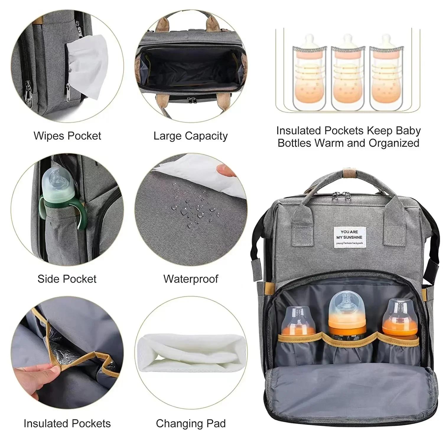 Sac à couches de lit pliable avec station à langer, poche isolée et grande capacité, sac multifoncti