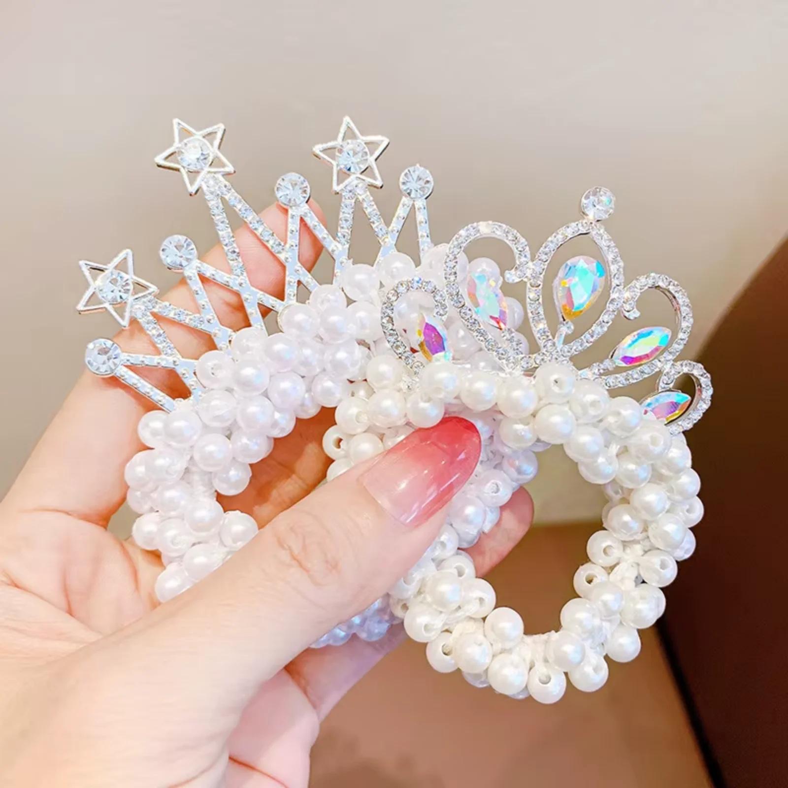 2PC Accessoires de coiffure pour enfants : Bandeaux élastiques en caoutchouc avec couronne de perles