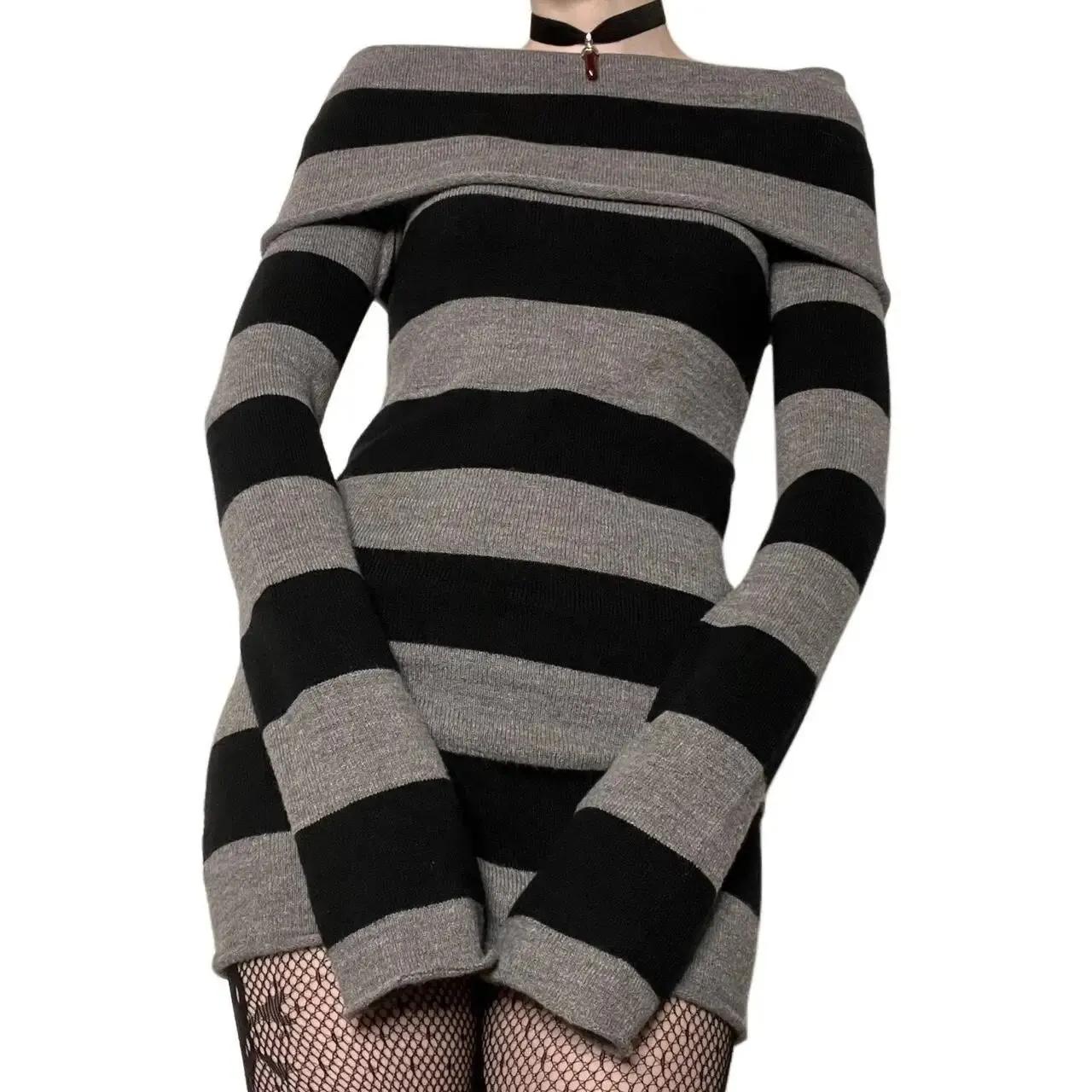 Mini robe moulante rayée pour femmes, col bateau, épaules dénudées, manches longues, courte, envelop
