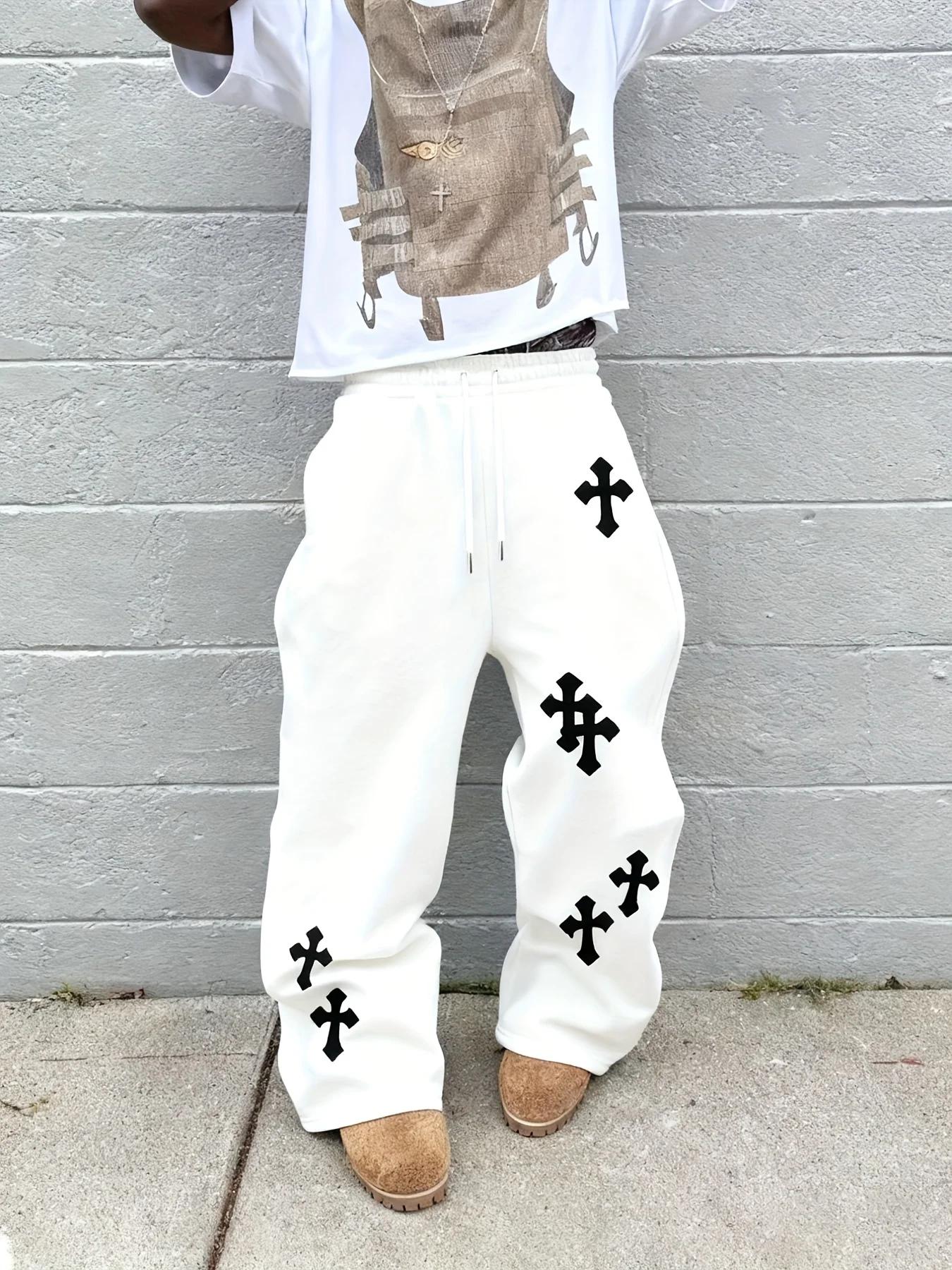 2025 Pantalon à jambes larges noir pour hommes à la mode Grande croix blanche imprimée Pantalon hip-