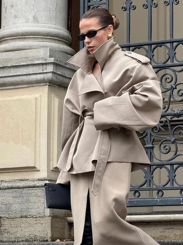 Coupe-vent court à lacets pour femmes, couleur unie, Vintage, revers, manches longues, ceinture, poc
