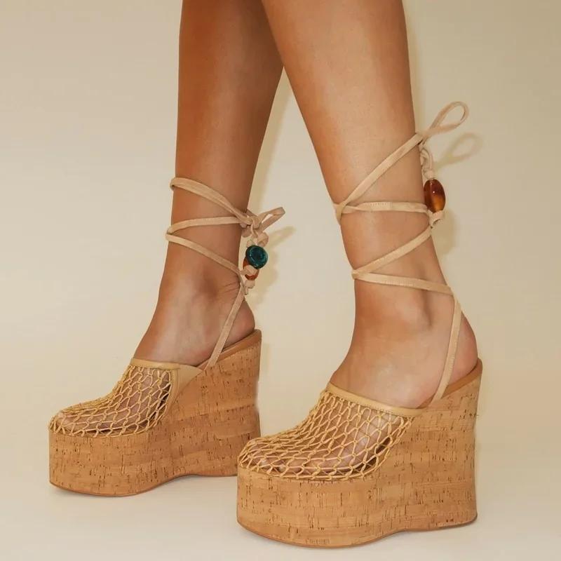 Plate-forme grille croix liée sandales Sexy ronde Slingback ceinture boucle nouveautés mode femmes c