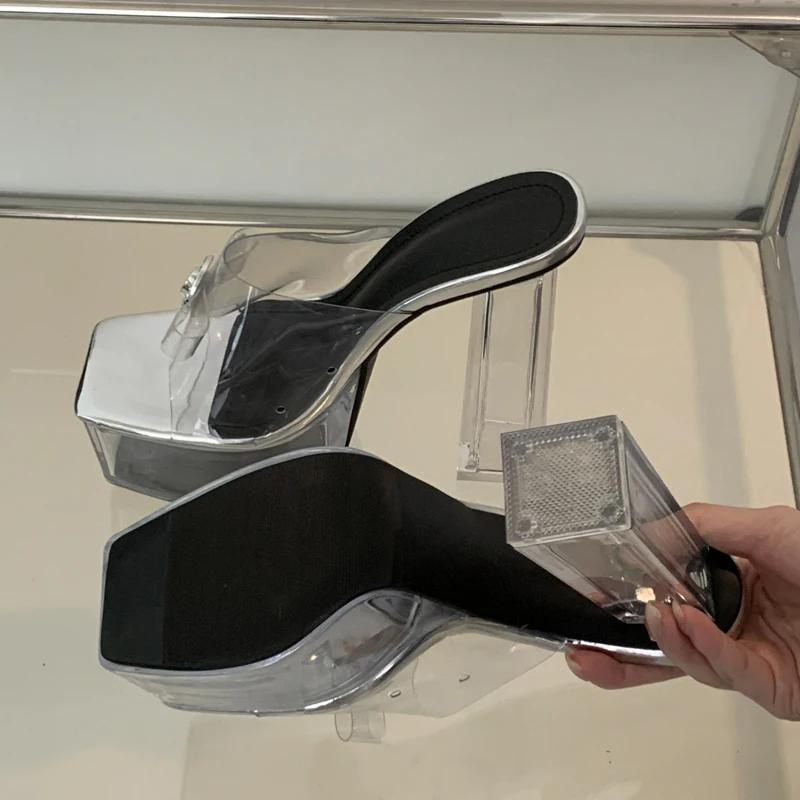 Eilyken-Pantoufles à plateforme en cristal argenté transparent pour femmes, sandales à talons carrés