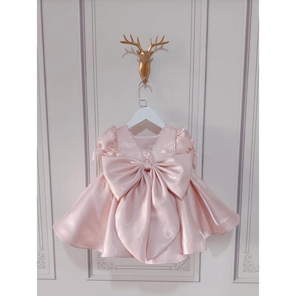 Robes pour enfants à manches bouffantes et perles roses, avec nœud, vêtements de spectacle de danse,