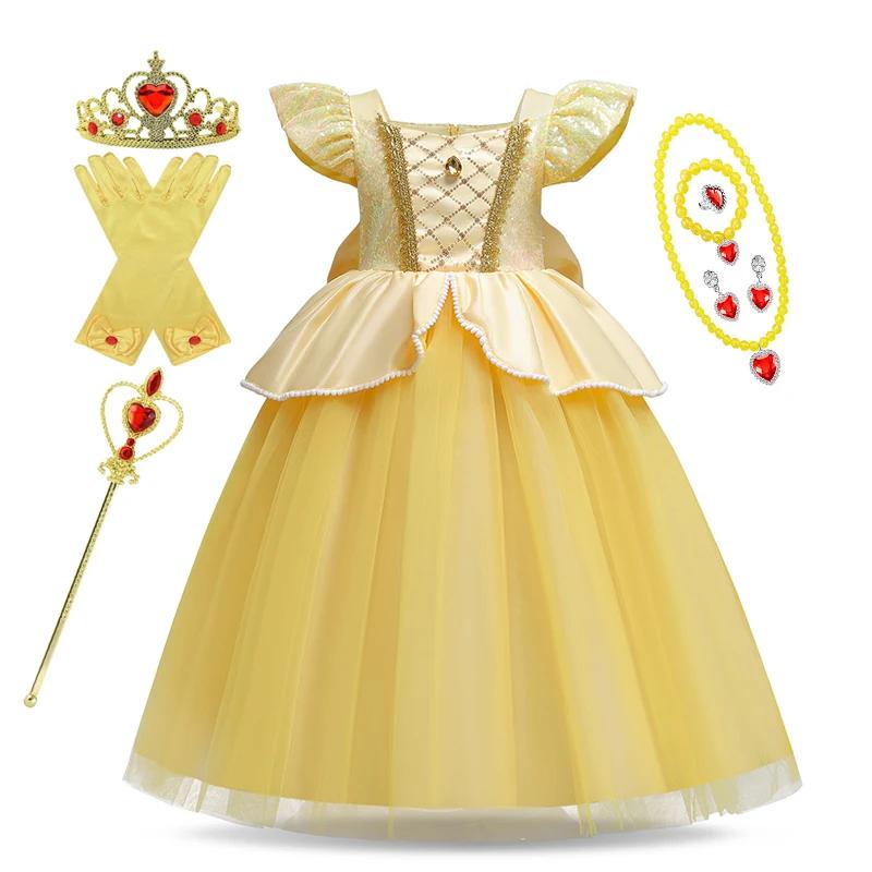 Robe Disney raiponce Belle pour enfants filles, déguisement de princesse de carnaval, tenue de fête 