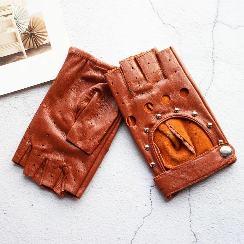 Gants de conduite demi-doigt en cuir pour femmes, évider à la mode, gants de moto minces, gants cour