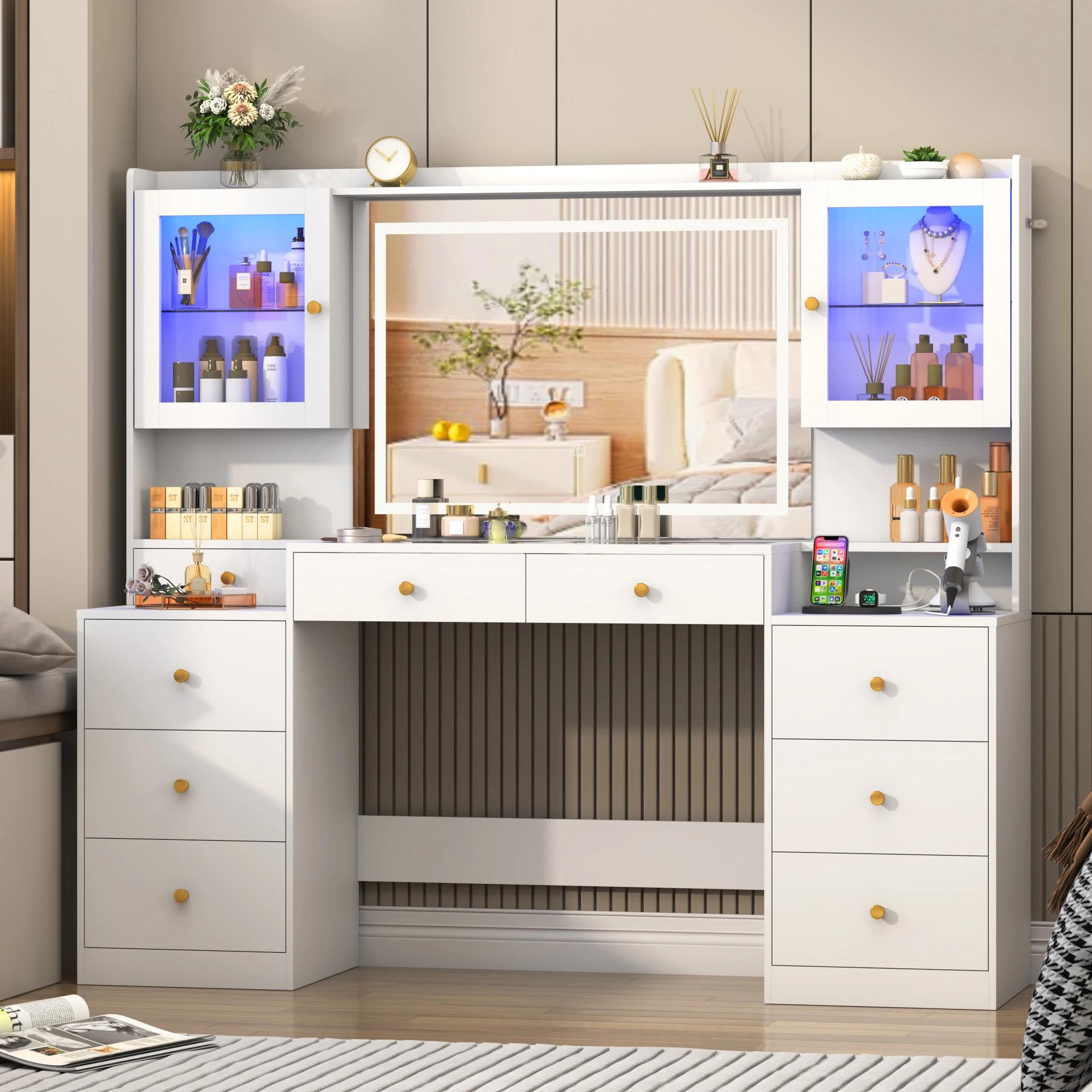 Grand bureau de courtoisie avec miroir et lumières, coiffeuse de maquillage avec station de charge, 