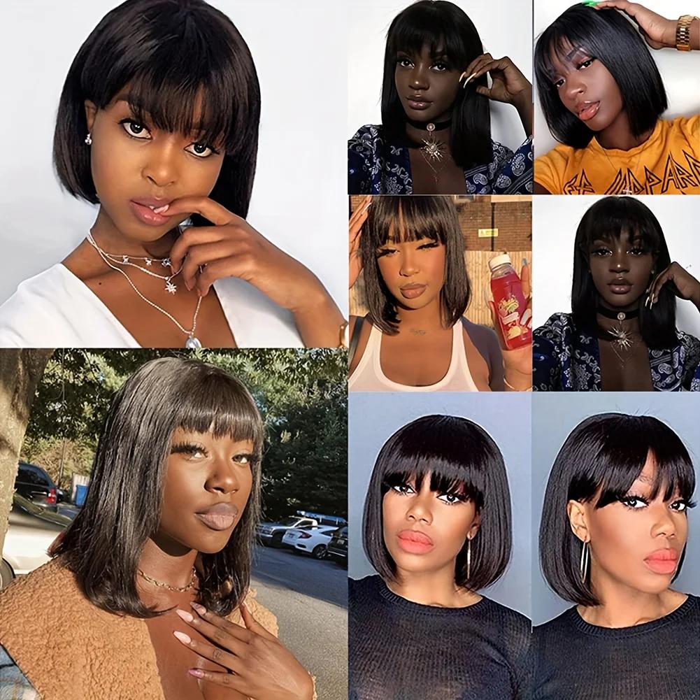 Perruque Bob Lace Wig Brésilienne Naturelle, Cheveux Courts et Lisses, avec Frange, 3x1 HD, 100% de 